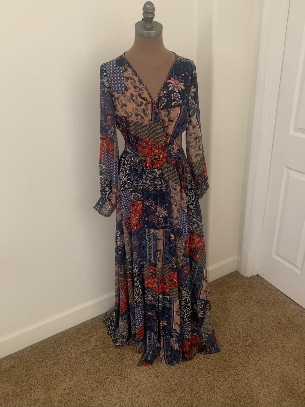 Boho Patchwork Maxi Dress in Navy and Rust